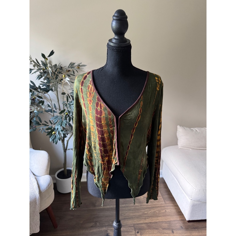 Shein Curve Tie Dye Hook and Eye Handkerchief Hem Top Olive Green 2XL Boho